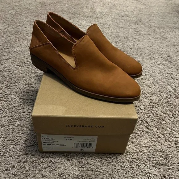 Women's New Lucky Brand Tan Leather Slip On Loafers - Picture 1 of 2